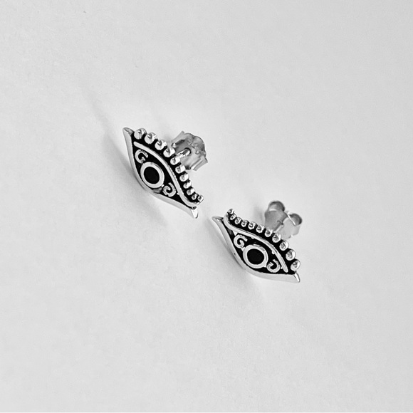 Sterling Silver Egyptian Eye Earrings with Black CZ, Religious Earring, Evil Eye - Picture 2 of 12